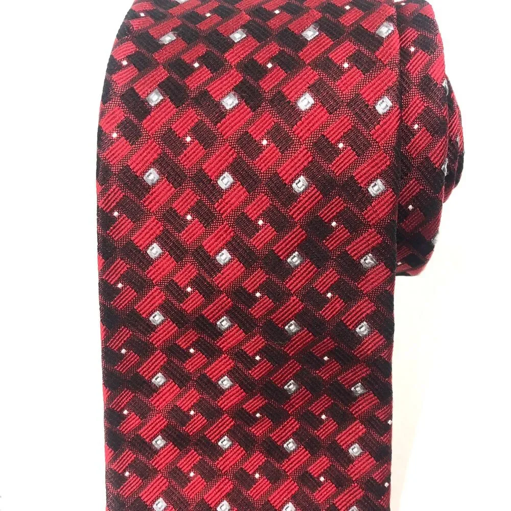 Murano EXTRA LONG Tie Red Black Geometric Pattern 100% Silk Dress Necktie 65 in